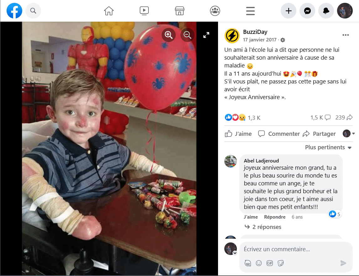 Capture d'écran d'une publication présentant Lucas, garçon en situation de handicap visible, avec un commentaire incitant à lui souhaiter un bon anniversaire. 