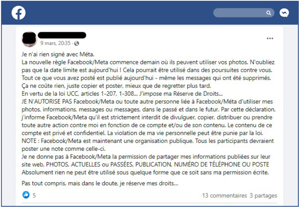 Post sur Facebook où un utilisateur relaye un message interdisant à Facebook d'utiliser ses photos et messages et incite d'autres utilisateur·ices à faire de même.